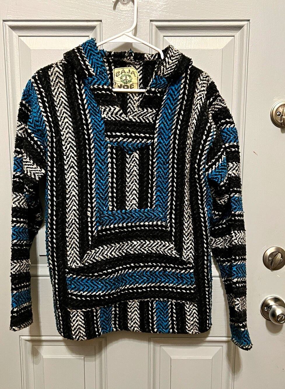 Baja Joe Blue & Black Woven Mexican Baja Hoodie Poncho - Size Unisex Small